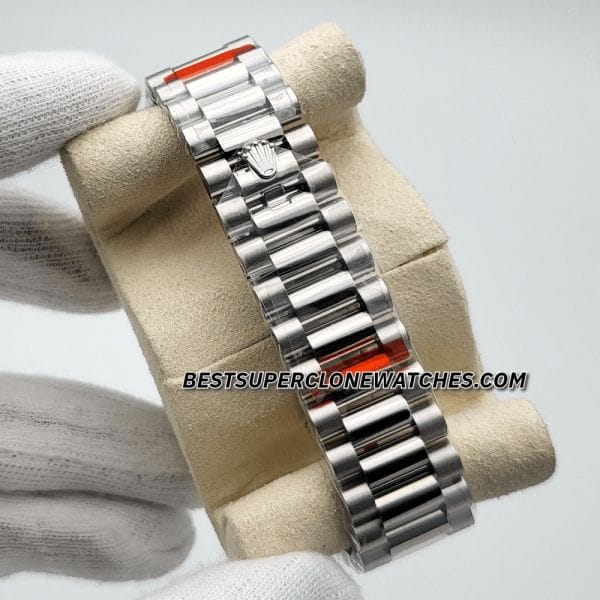Close-up of Rolex Day-Date super clone with platinum-style case and roman numeral markers