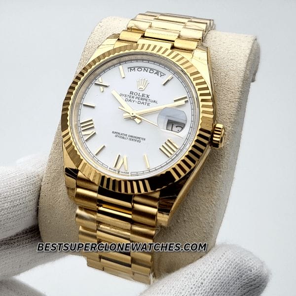 Close-up of Rolex Day-Date super clone with gold case and crisp white dial