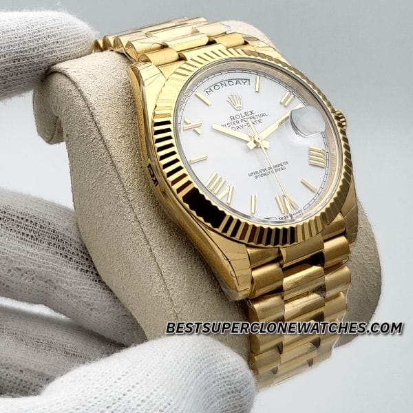 Luxury replica Rolex Day-Date 228238 featuring white dial and yellow gold finish