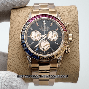 Luxury fake Rolex Daytona with diamond-set rainbow bezel and black dial on Everose gold case