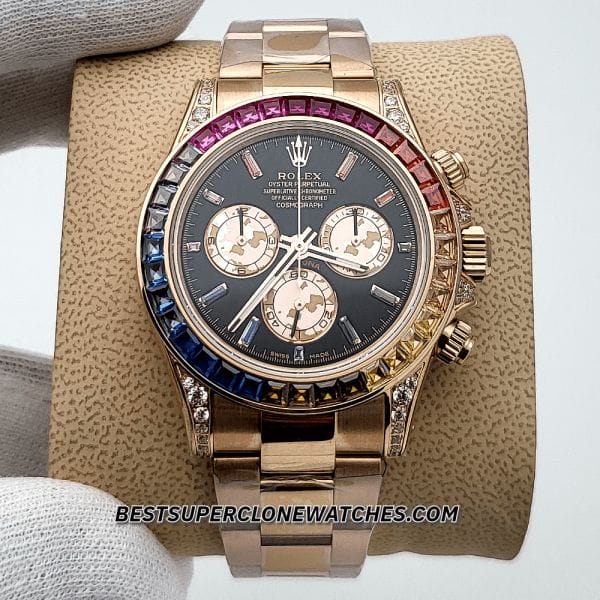 Luxury fake Rolex Daytona with diamond-set rainbow bezel and black dial on Everose gold case