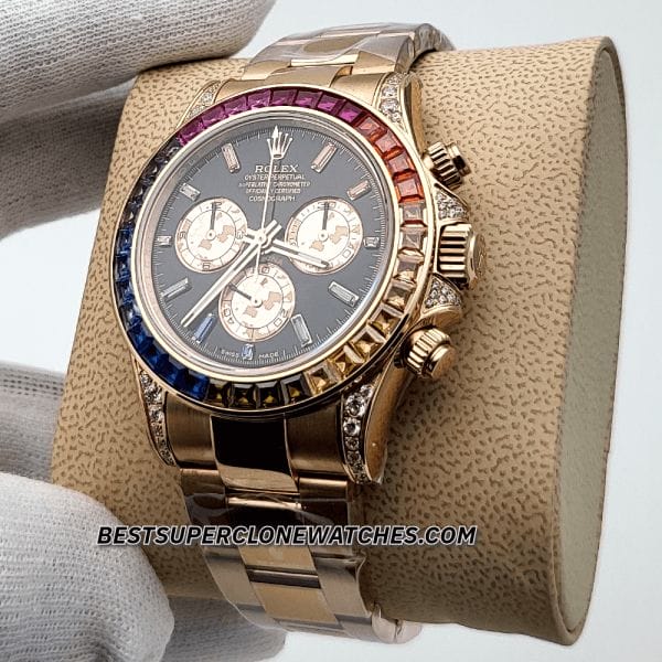 Replica Rolex Daytona with 4130 clone movement and colorful rainbow bezel on Everose gold case