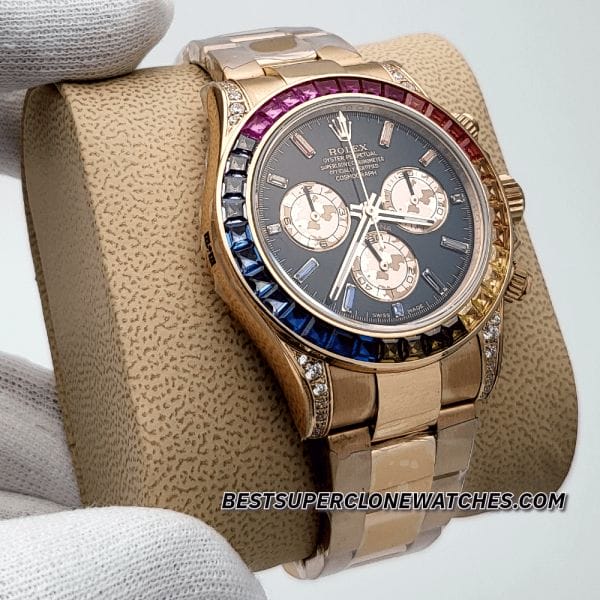 Rolex Daytona Swiss super clone with Everose gold case and black dial featuring rainbow bezel
