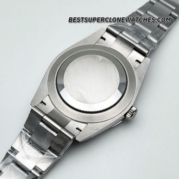 Fake Rolex Oyster Perpetual watch with stunning blue dial, polished stainless steel case, and 3230 movement imitation