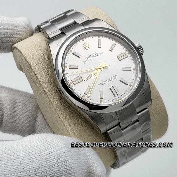 Super clone Rolex Oyster Perpetual 124300 featuring elegant silver dial and polished stainless steel case