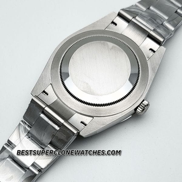 High-quality replica Rolex Oyster Perpetual featuring a refined silver dial and smooth stainless steel bracelet