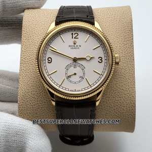 Detail shot of alligator leather strap with fine texture and polished clasp on fake Rolex 1908