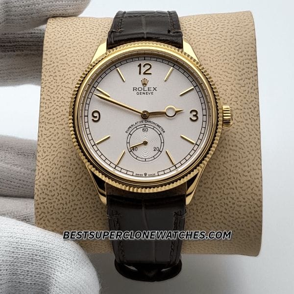 Detail shot of alligator leather strap with fine texture and polished clasp on fake Rolex 1908