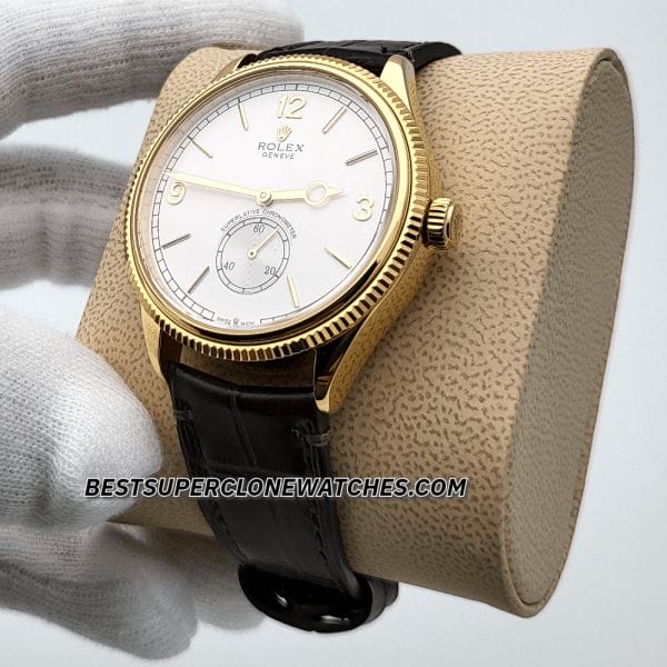 Super clone Rolex 1908 Ref. 52508 with luxurious 18kt yellow gold case, white dial, and alligator leather strap
