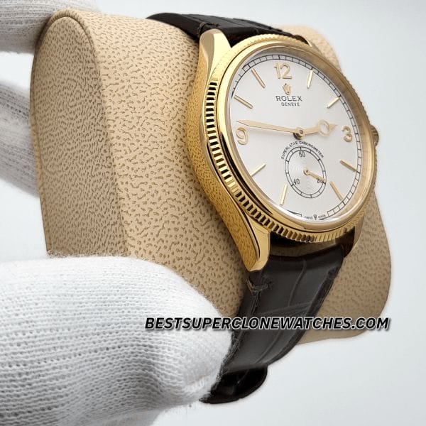 Replica Rolex 1908 18kt yellow gold with intense white dial and alligator strap, featuring 7140 movement clone