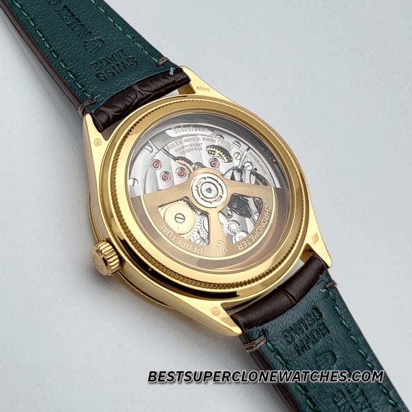 Luxury-style super clone Rolex 1908 with classic black dial, luminous hands, and alligator leather strap