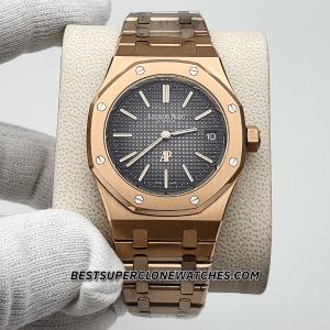 High-quality replica Royal Oak Extra-Thin showing brushed and polished rose gold case and bezel