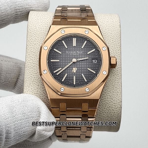 High-quality replica Royal Oak Extra-Thin showing brushed and polished rose gold case and bezel
