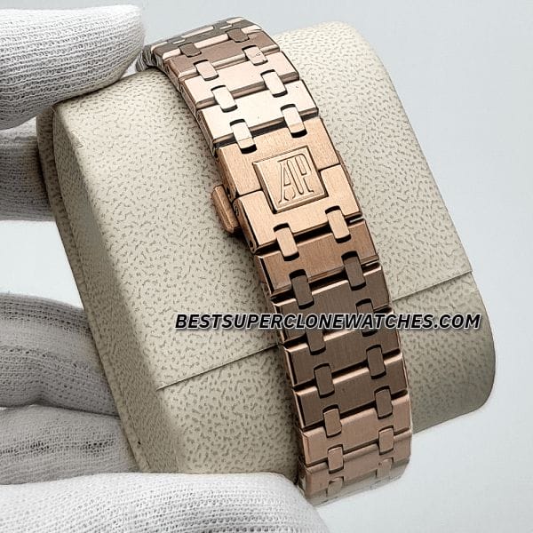 Super clone Royal Oak 16202OR featuring ultra-thin rose gold case and “Petite Tapisserie” smoked grey dial