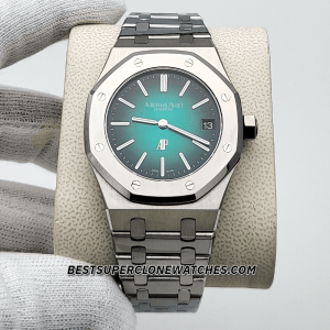 Side view highlighting the ultra-thin profile of the super clone platinum Royal Oak