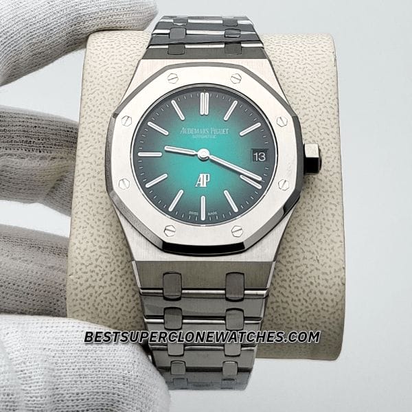 Side view highlighting the ultra-thin profile of the super clone platinum Royal Oak