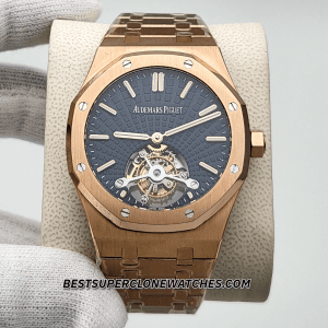 Fake AP Royal Oak Tourbillon watch with blue sunray dial and skeletonized movement