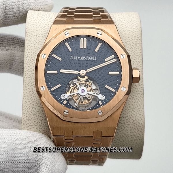 Fake AP Royal Oak Tourbillon watch with blue sunray dial and skeletonized movement