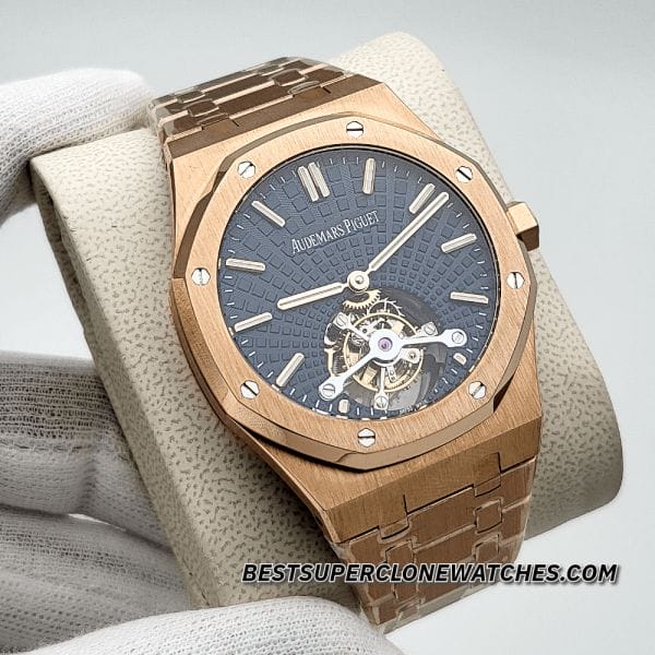Super clone Royal Oak 2924 featuring intricate tourbillon complication and polished pink gold case