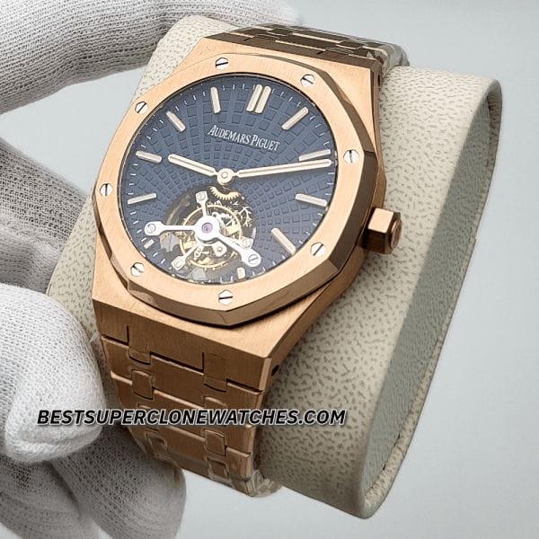 Replica Audemars Piguet Royal Oak Tourbillon in pink gold with blue sunray dial