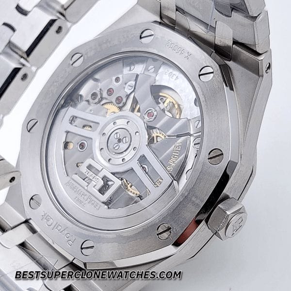 Swiss super clone AP Royal Oak with textured green dial and polished stainless steel finish