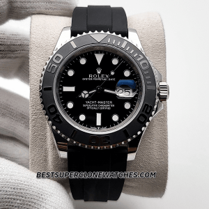High-quality replica Rolex Yacht-Master featuring a sleek black dial, white gold case, and flexible Oysterflex strap