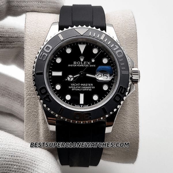 High-quality replica Rolex Yacht-Master featuring a sleek black dial, white gold case, and flexible Oysterflex strap
