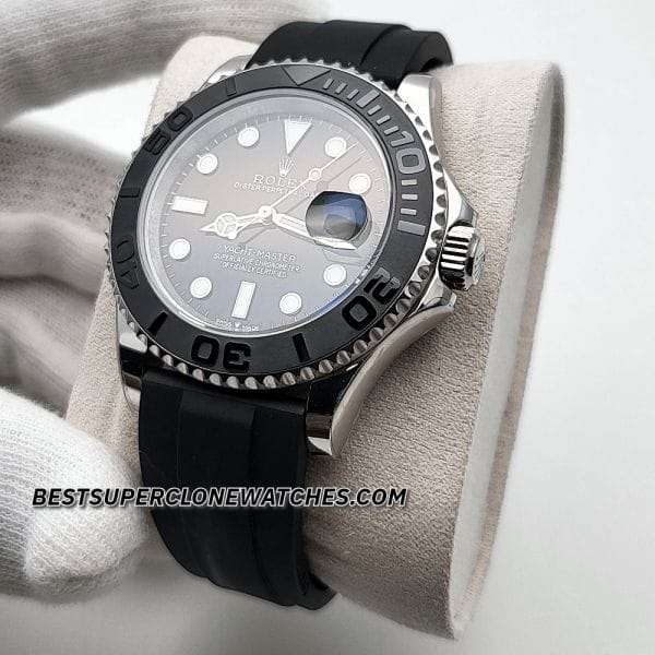 Swiss super clone Rolex Yacht-Master 226659 with white gold case, black bezel, and Oysterflex strap design