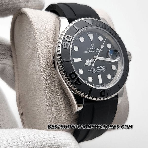 Fake Rolex Yacht-Master watch with white gold case, black dial, and Swiss 3235 movement imitation