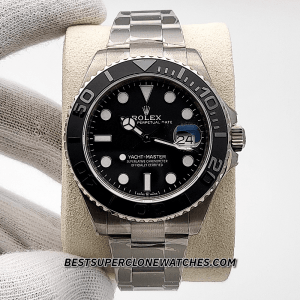 Fake Rolex Yacht-Master watch with RLX titanium case, black dial, and 3235 automatic movement clone