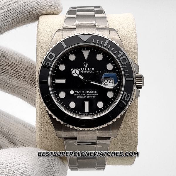 Fake Rolex Yacht-Master watch with RLX titanium case, black dial, and 3235 automatic movement clone