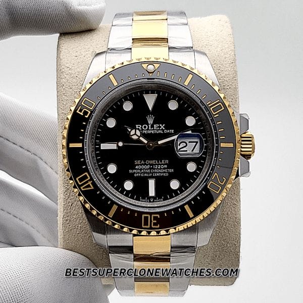 High-quality replica Rolex Sea-Dweller showing yellow gold bezel and robust Oystersteel case