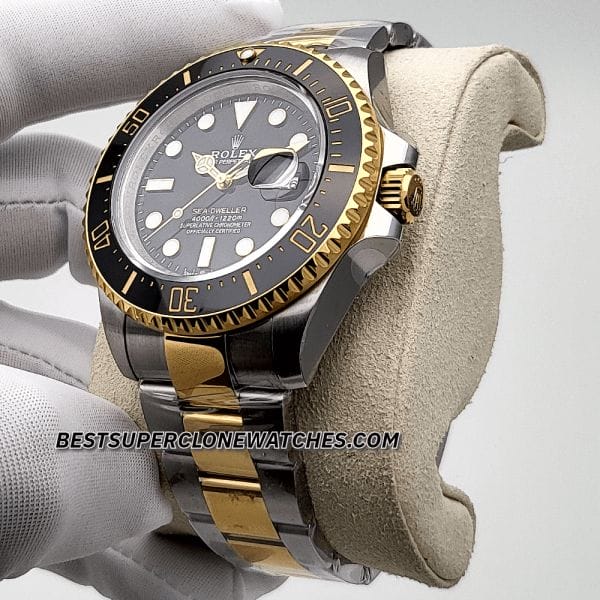 Swiss super clone Rolex Sea-Dweller 126603 with bold black dial, luminous hands, and two-tone gold-steel case