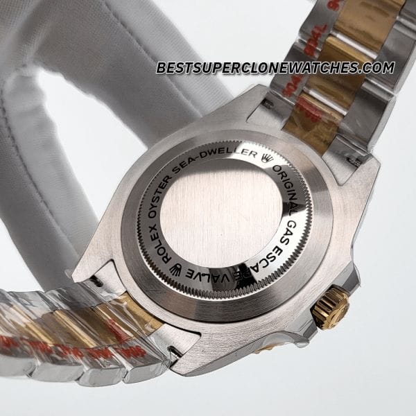 Back view of replica Rolex Sea-Dweller with solid case back and 3235 movement clone visible