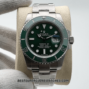 Fake Rolex Submariner Hulk Date 3135 super clone with green dial, Oystersteel case, and Swiss 3135 movement—luxury replica design.