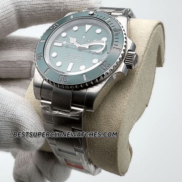Detailed view of the fake Rolex Submariner Ref-116610LV with green dial, Oystersteel case, and Swiss 3135 movement—premium super clone.