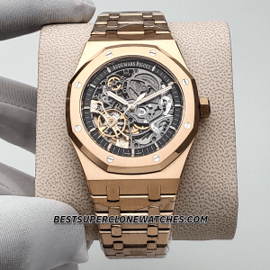 Fake AP Royal Oak watch with rose gold case and intricate openworked movement