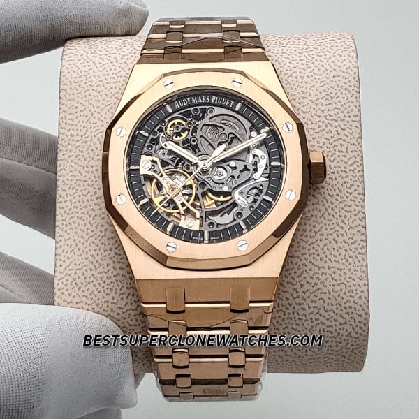 Fake AP Royal Oak watch with rose gold case and intricate openworked movement
