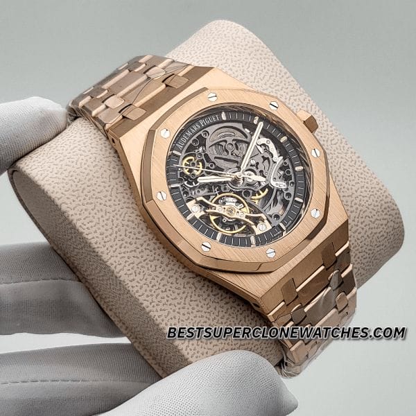 Super clone Royal Oak 15407OR featuring skeleton dial showcasing double balance wheel mechanism