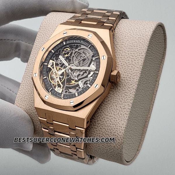 Replica Audemars Piguet Royal Oak Double Balance Wheel in 18kt rose gold with openworked dial
