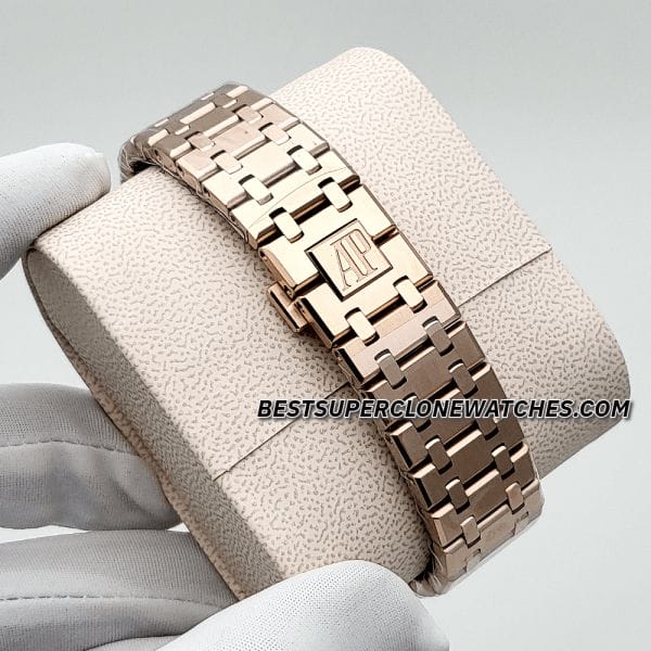High-quality replica Royal Oak Double Balance Wheel displaying visible gears and rose gold bezel