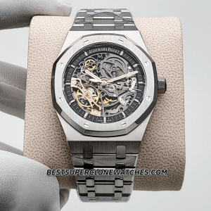 High-quality replica Royal Oak Double Balance Wheel displaying visible gears and steel bezel