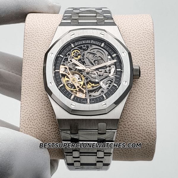 High-quality replica Royal Oak Double Balance Wheel displaying visible gears and steel bezel