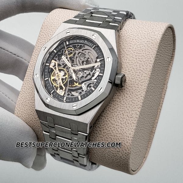 Swiss super clone of Audemars Piguet 15407ST with transparent dial and brushed steel finish