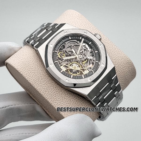 Fake AP Royal Oak watch with stainless steel case and intricate openworked movement