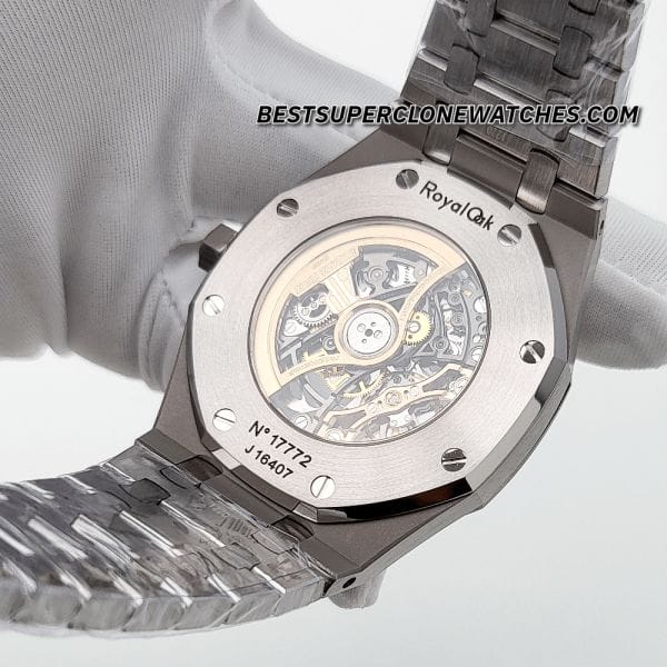 Close-up of fake AP skeleton dial with luminous hands and stainless steel accents
