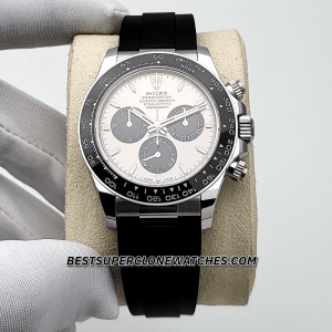 Close-up of Rolex Daytona super clone with steel dial and white gold case
