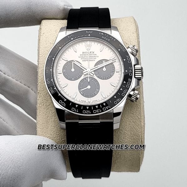 Close-up of Rolex Daytona super clone with steel dial and white gold case