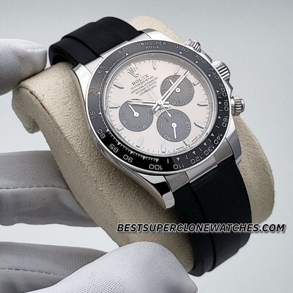 Luxury fake Rolex Daytona with steel dial and chronograph subdials on oysterflex strap