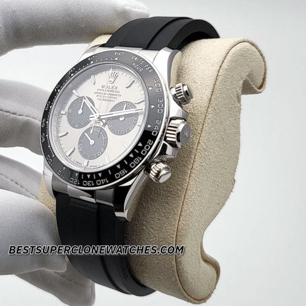 Swiss super clone Rolex Daytona with white gold case and sporty oysterflex bracelet